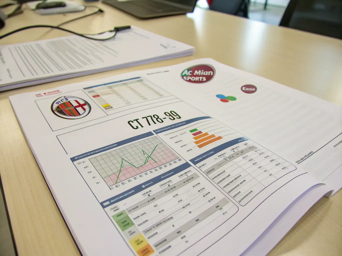 A detailed image of the CT-778-P09 wind tunnel test report, showcasing the AC Milan Sports and EASA partnership.